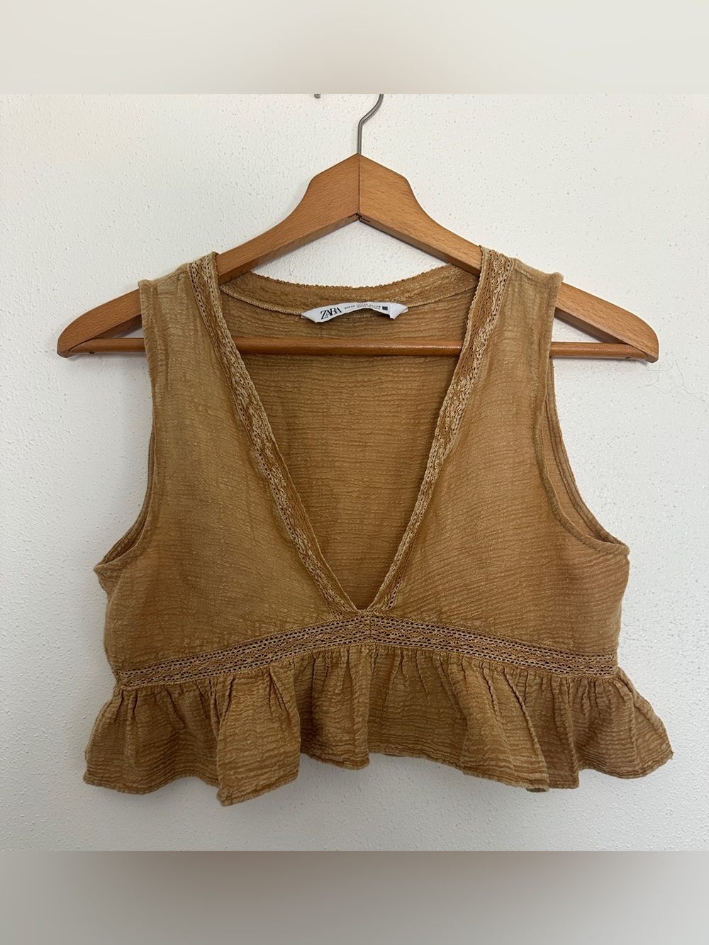 Zara Boho Ruffle Peplum Deep V-Neck Crop Top Tan Size XS